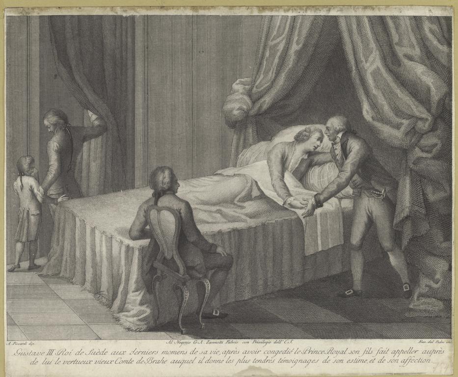 Gustav III ligger döende i en säng och tar farväl till greve Brahe som står till höger. Vid sängens fotända sitter en annan man på en stol, ytterligare en man för ut den gråtande prinsen genom dörren.